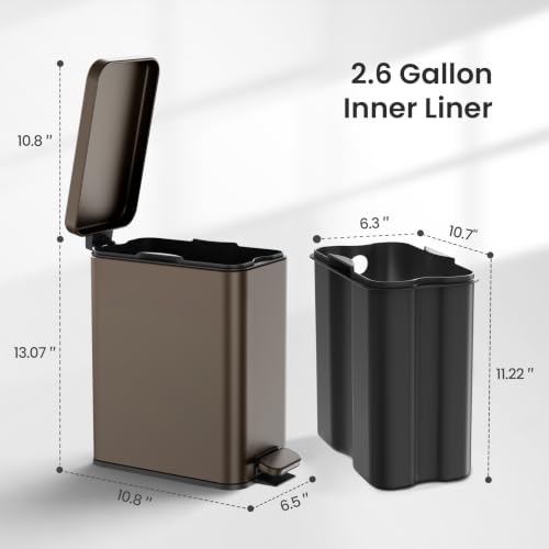 Cesun 2.6 Gallons Small Bathroom Trash Can with Lid Soft Close, Brown | Removable Inner Bucket, Small Stainless Steel Garbage Can for Bedroom/Office, Hands-Free Step Pedal, Fingerprint-Resistant - color: Brown