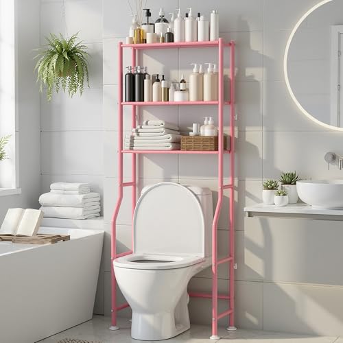 3-Tier Over The Toilet Storage, Freestanding Metal Bathroom Shelves, Space Saver Above The Over Toilet Storage Shelf for Bathroom (Pink) - color: Pink