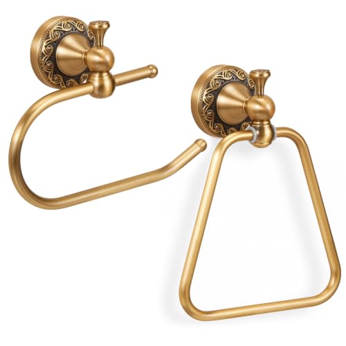 2 Pcs Antique Brass Toilet Paper Holder Towel Ring Set, Vintage Bathroom Hardware, Wall Mounted Toilet Tissue Holder Hand Towel Ring, Rustproof Brass Bathroom Accessories(Style 3) - style: Style 3
