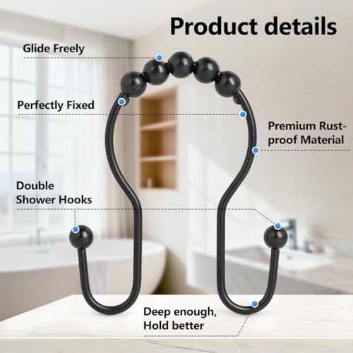 Resze 12PCS Shower Curtain Hooks, Sturdy Metal Shower Curtain Rings(Black) | Glide Roller Double Shower Hooks, Rust Proof Anti-Drop Curtain Hooks, Smooth Sliding Rings for Bathroom Shower Rods Curtains - color: Black