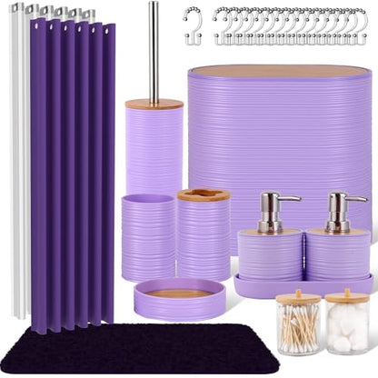 25 PCS Purple Bathroom Accessories Set丨Shower Curtain Bathroom Accessory | All-in-One Kit with Shower Curtain,rug,Trash Can,Toothbrush Holder,Toilet BrushSoap Dispenser,Toothbrush Cup,etc for Home - color: Purple
