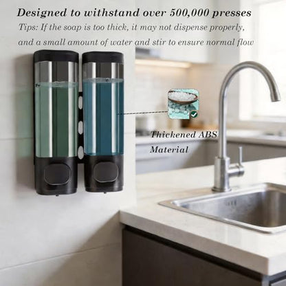 2-Chamber 10oz/300ML Black Plastic Hand Wall Mounted Soap Dispensers | Refillable Shampoo Conditioner Shower Dispenser No Drill, Clear Manual Pump Dispenser for Bathroom Hotel Kitchen - color: 2-chamber Black