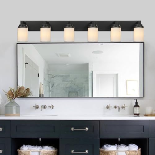 TODOLUZ Matte Black Bathroom Light Fixtures, 6-Lights Vanity Lighting Over Mirror with Opal White Glass Shades, Farmhouse Wall Lamp E26 Bulb Base - color: Black, size: 6-Lights