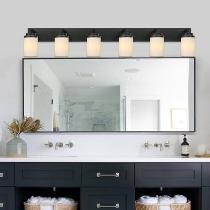 TODOLUZ Matte Black Bathroom Light Fixtures, 6-Lights Vanity Lighting Over Mirror with Opal White Glass Shades, Farmhouse Wall Lamp E26 Bulb Base - color: Black, size: 6-Lights