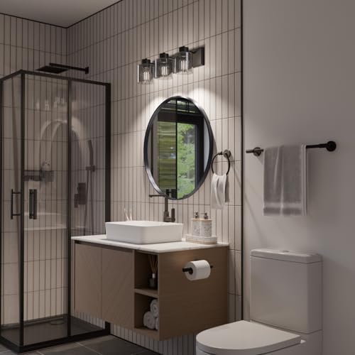 Globe Electric 4-Piece All-in-One Bathroom Set, Matte Black, 3-Light Vanity Light with Seeded Glass Shades, Towel Bar, Toilet Paper Holder, Towel Ring - color: Pale Pink
