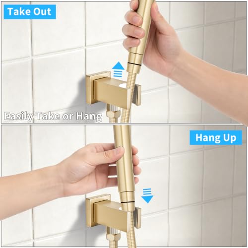 Bathroom Brass Square Wall Mount Handheld Shower Head Holder Water Supply Elbows with On/Off Flow Control Bracket, Brushed Gold - color: Brushed Gold