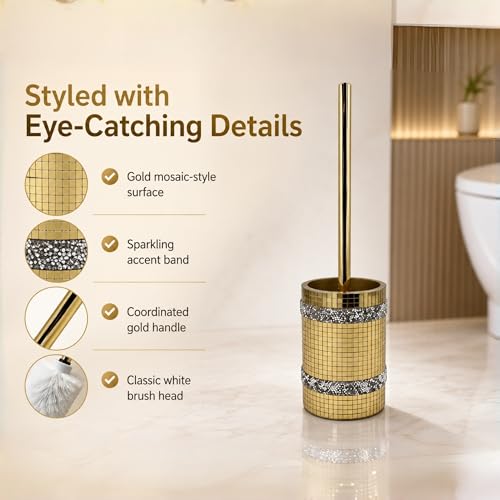 Gold Mosaic Toilet Brush Easy to Clean Household with Holder Set | Modern Style Bathroom Accessories, Equipped With a Sturdy Long Handle, Easy-To-Clean Household Toilet Brush - size: Toilet Brushes Holders