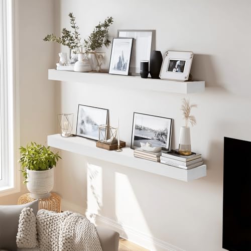 Solid Wood Floating Shelves, 36 Inch Wall Shelves, Set of 2, White | 8 Inch Deep, 1.6 Inch Thick, Extra-Wide Display Space, Mounting Hardware Included, For Kitchen, Bathroom and Living Room - color: White, size: 36x8x1.6
