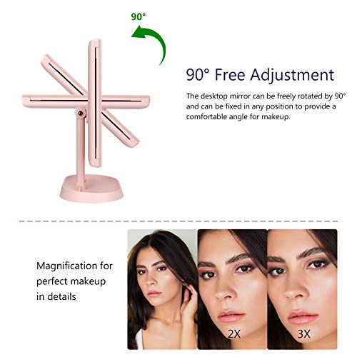 Trifold Lighted Vanity Makeup Mirror with 21 LED Lights,1x/2x/3x Magnification and Touch Screen Dimming,Two Power Supplies Makeup Mirror, Gift for Women - color: Pink
