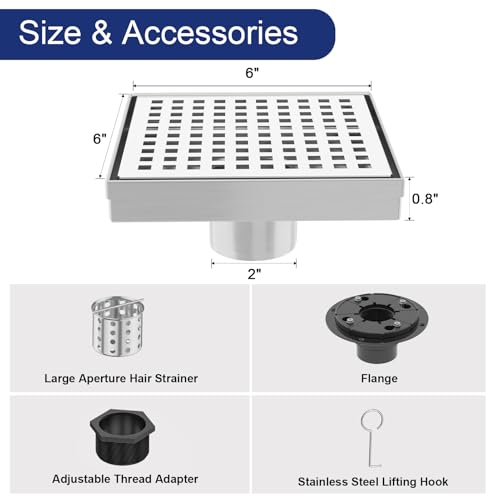 6 Inch Brushed Nickel Square Shower Drain with Removable Grate | AISI 304 Stainless Steel Shower Drain, Shower Floor Drain with Hair Catcher & ABS Flange, Fits Bathroom & Balcony etc - color: Brushed Nickel, size: 6 in