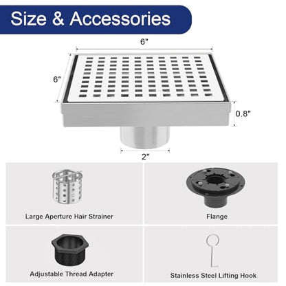 6 Inch Brushed Nickel Square Shower Drain with Removable Grate | AISI 304 Stainless Steel Shower Drain, Shower Floor Drain with Hair Catcher & ABS Flange, Fits Bathroom & Balcony etc - color: Brushed Nickel, size: 6 in