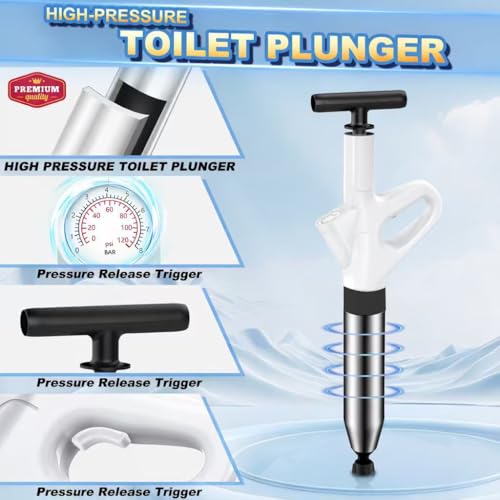 High Pressure Toilet Plunger, Heavy Duty Plunger for Bathroom White | High Pressure Air Drain Blaster Toilet Plunger with Real-Time Pressure Gauge, Heavy Duty Toilet Unclogger for Bathroom Clogs - color: White