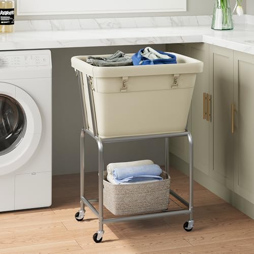 ELYKEN Rolling Laundry Hamper with Wheels, Removable Bag, Laundry Cart | Heavy Duty Metal Frame, 2-Tier Clothes Basket with Shelf, Ideal for Closet, Bedroom, Bathroom & Laundry Room - color: Cream, size: 20.3"L x 15.9"W x 30.9"H