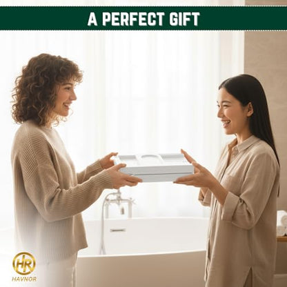 Bamboo Bathtub Caddy Tray Expandable & Foldable Bath Shelf with Book, Tablet & Wine Holder Adjustable Wooden Bath Tray for Relaxing Spa at Home – Fits Most Tub Sizes. - color: White