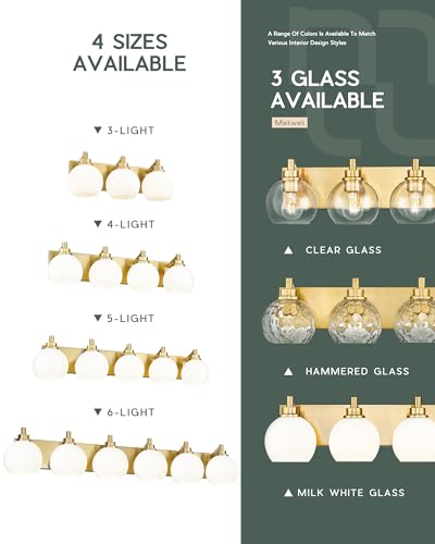 Bathroom Light Fixtures, 3-Light Brushed Gold Vanity Light, Modern Wall Sconces with Milk White Globe Glass Shade, Vanity Lighting Fixtures Over Mirror, VL195-BG-ML-3 | 18" modern bathroom light fixtures over mirror, E26 base, bulbs not included, VL195-BG