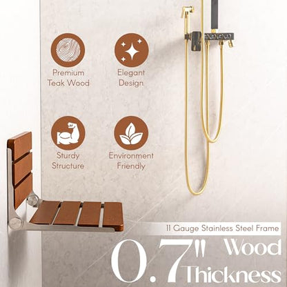 Foldable Wall Mounted Shower Seat with Stainless Steel Frame – Solid Teak Wood Shower Chair for Elderly and Disabled – Smooth Edges & Sturdy Structure – 400 Lbs Load Capacity