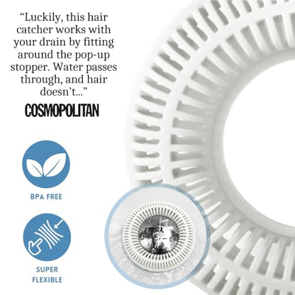 TubRing Pop-Up Drain Protector & Strainer Silicone Hair Catcher, White | Easy snap-in design fits around bathtub stoppers. Customizable utility guard for clog prevention. Fits 1.85"- 2.16" drains. - color: White