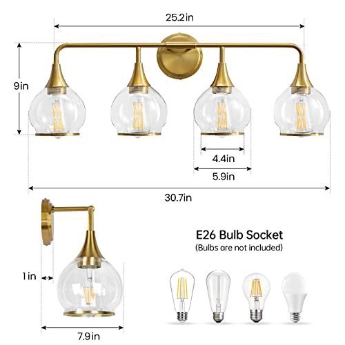 Gold Bathroom Vanity Light 4-Light Bathroom Vanity Light Fixtures Over Mirror with Clear Glass Shade 30.7 inch Wall Sconce Lighting Bath(Exclude E26 Bulb) - color: Gold, size: 4 Light