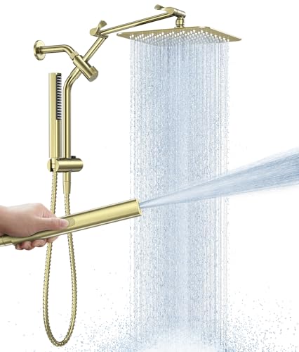 Veken All Metal 10" Luxurious Brushed Gold Rain Shower Head with Handheld | Dual High Pressure Shower Heads,Double Detachable Showerhead, Square Adjustable Rainfall,Bathroom Upgrade,Best Showerheads - color: Gold-brushed, size: 10 Inch