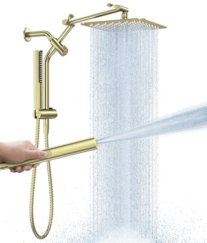 Veken All Metal 10" Luxurious Brushed Gold Rain Shower Head with Handheld | Dual High Pressure Shower Heads,Double Detachable Showerhead, Square Adjustable Rainfall,Bathroom Upgrade,Best Showerheads - color: Gold-brushed, size: 10 Inch