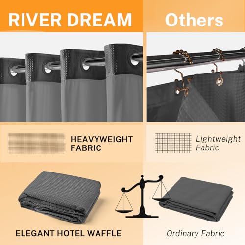 River Dream No Hooks Shower Curtain with 2 Snap in Liner, Dark Grey, 71x74 | Waffle Weave, 1 Attached Snap in Liner and 1 Extra Replacement Liner, Bathroom Curtains Shower Set, Hotel Grade, Spa Like - color: Graphite Grey