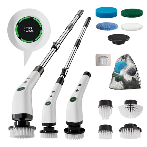 Electric Bathroom Cleaning Brush Cordless Shower Scrubber SD-CTB01 | Spin Scrubber Full Body Waterproof IPX7 with Adjustable Handle, 8 Replaceable Brush Heads for Bathtub/Kitchen/Window/Home - color: White and Black