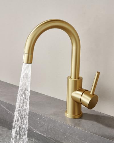 Tohlar Gold Bathroom Faucet with 2 Mode Sprayer | Single Hole Bar Sink Faucet, 360° Swivel, with Pop Up Drain, for Vanity RV Laundry - color: Brushed Gold