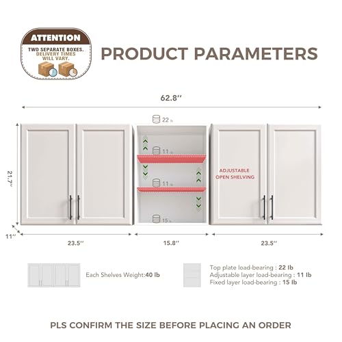 Furnaza 62.8" W Wall Cabinets for Laundry Room with Adjustable Shelf | White Upper Kitchen Wall Mounted Cabinets With Two Shaker Doors for Bathroom,Garage,12"D x 22"H,Floating Hanging Storage - size: 62.8"W