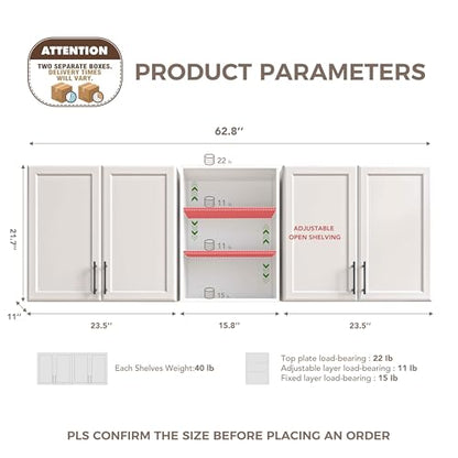 Furnaza 62.8" W Wall Cabinets for Laundry Room with Adjustable Shelf | White Upper Kitchen Wall Mounted Cabinets With Two Shaker Doors for Bathroom,Garage,12"D x 22"H,Floating Hanging Storage - size: 62.8"W