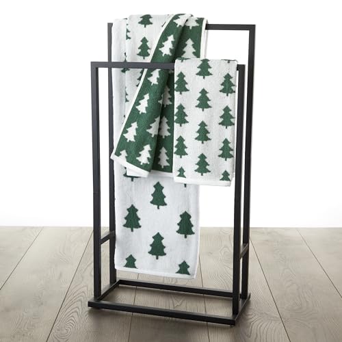 SKL Home Christmas/Winter Holiday Trees Hand Towel Set-2pc, Green/White | 100% Cotton. 500 GSM. Soft & absorbent. Reversible jacquard pattern. Great for the bathroom, kitchen or bar & gifting. - color: Holiday Trees, style: Hand Towel Set