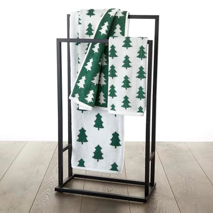 SKL Home Christmas/Winter Holiday Trees Hand Towel Set-2pc, Green/White | 100% Cotton. 500 GSM. Soft & absorbent. Reversible jacquard pattern. Great for the bathroom, kitchen or bar & gifting. - color: Holiday Trees, style: Hand Towel Set