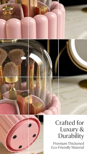 Makeup Brush Holder with Dustproof Lid, 360 Rotating Makeup Organizer for Vanity, 7 Slots Large Capacity Spinning Cosmetic Brushes Storage Box for Dresser, Bathroom Countertop, Pink