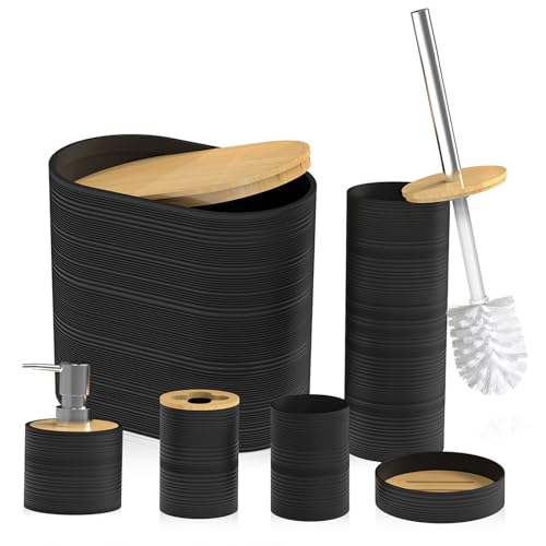 Bathroom Accessory Set, 6-Pcs Black | Trash Can, Soap Dispenser, Toothbrush Holder & Cup, Soap Dish, Toilet Brush - color: Black