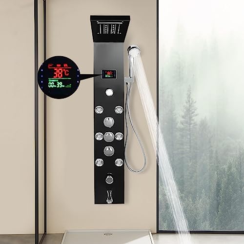 Black LED Shower Panel Tower System with 8 Massage Body Jets, Stainless Steel 6 IN 1 Shower Tower with Rainfall Waterfall Shower Head and Handheld, Multi-Function Bathroom Shower Panel