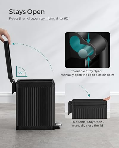 SONGMICS Bathroom Trash Can, 2.6-Gallon (10 L) Trash Bin with Lid, Slim for Small Spaces, Stainless Steel Garbage Can, Soft Close, Black ULTB562B01 | Slim Bin for Small Spaces, Soft Close, Ink Black, PATIA Collection ULTB562B01 - color: Black, style: 2.6