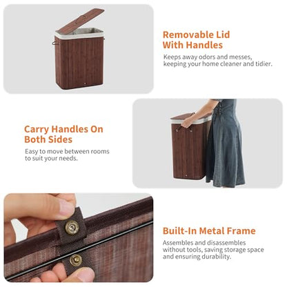 GarveeHome Folding Bamboo Laundry Hamper with Lid, 28 Gal /106L Wooden Laundry Basket with Washable Liner Bag, Slim Clothes Storage Hamper for Small Bedrooms Apartments Dorms, Brown - color: Brown - Rectangle
