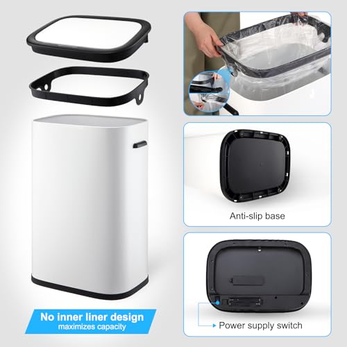 14.5 Gal/55L Trash Can with Lid, Automatic Touchless Garbage Can with Soft-Close Lid & Handle, Stainless Steel Waste Basket Motion Sensor Trash Can for Kitchen, Bathroom,White(No Inner Bucket) - color: White