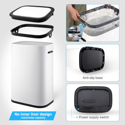 14.5 Gal/55L Trash Can with Lid, Automatic Touchless Garbage Can with Soft-Close Lid & Handle, Stainless Steel Waste Basket Motion Sensor Trash Can for Kitchen, Bathroom,White(No Inner Bucket) - color: White