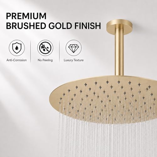 12 Inch Round Rainfall Shower Head, High Pressure Overhead Shower Heads, Wall Ceiling Mounted Ultra Thin Stainless Steel Shower Head, Brushed Gold - color: Brushed Gold, size: 12-Inches, style: Round