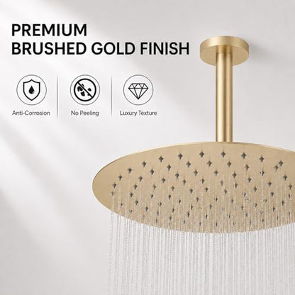 12 Inch Round Rainfall Shower Head, High Pressure Overhead Shower Heads, Wall Ceiling Mounted Ultra Thin Stainless Steel Shower Head, Brushed Gold - color: Brushed Gold, size: 12-Inches, style: Round