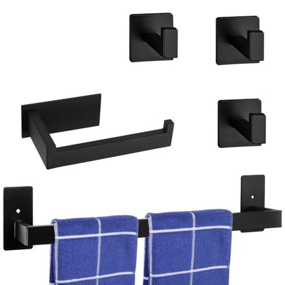 5 Pieces Self Adhesive Bathroom Hardware Set-SUS304 Stainless Steel-Towel Rack Set Include 24″Towel Bar+Toilet Paper Holder+3 Towel/Robe Hooks Bathroom Accessory Towel Bar Set (Black, 24 in) - size: 24 IN