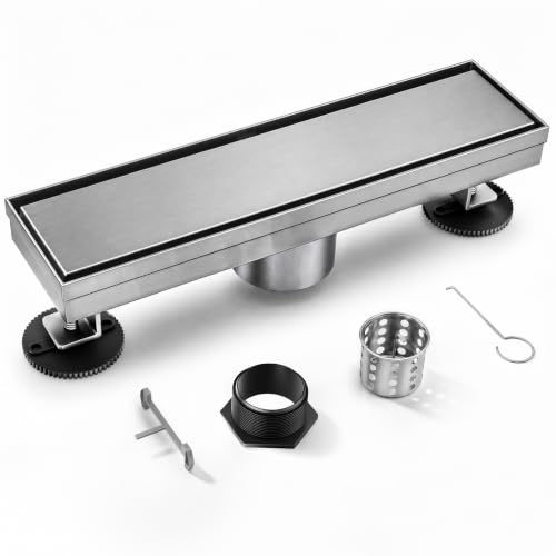 Linear Shower Drain, 304 Stainless Steel with Adjustable Leveling Feet, Hair Strainer,Reversely Install Place to Create an Invisible Floor Drain - Silver -12-Inch - color: Silver, size: 12inch