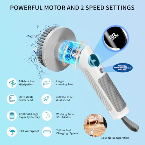 Electric Spin Scrubber Cordless IPX7 Waterproof Electric Scrubber | Cleaning Brush Bathroom Scrubber with 6 Brush Heads, Extendable Long Handle Power Scrubber for Bathtub Floor