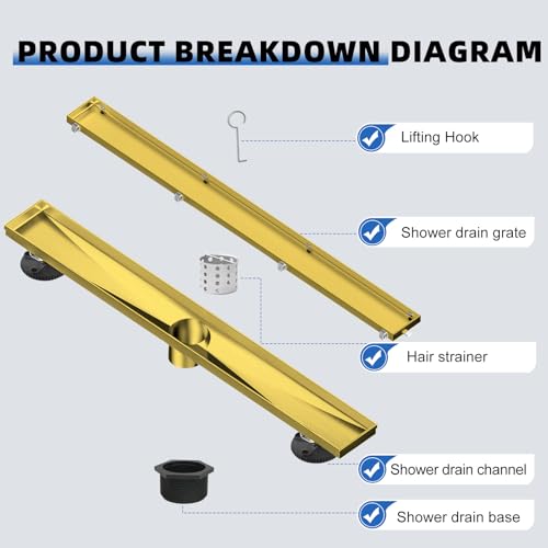Linear Shower Drain 18 inch Brushed Gold with Tile Insert Grate | AISI 304 Stainless Steel Brushed Gold Linear Drain Rectangle Shower Floor Drain with Hair Strainer and Leveling Feet - color: Gold, size: 18 inch