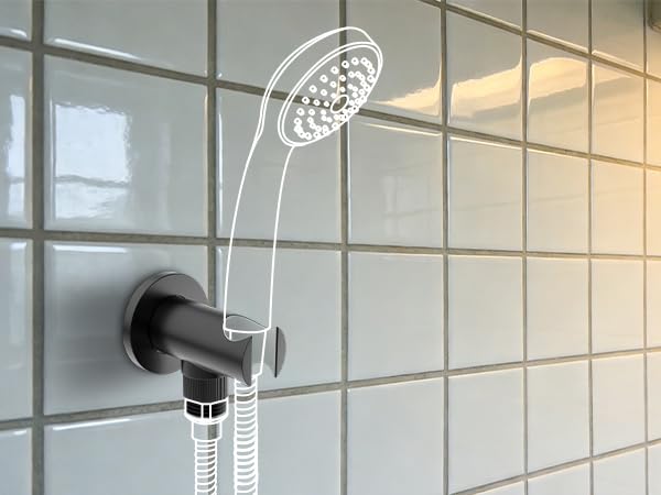 Bathroom Brass Round Wall Mount Water Supply Elbows with On/Off Flow Control Bracket Handheld Shower Head Holder, Matte Black - color: Matte Black