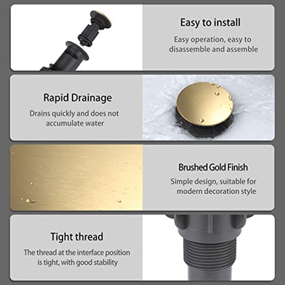 WOWOW Bathroom Sink Drain, Pop Up Drain Stopper for Bathroom Sink and RV Sink, with Overflow, Brushed Gold Vessel Sink Drain, Built-in Anti-Clogging Strainer - color: Gold, style: Style A: pop up drain