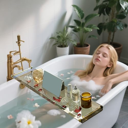 Acrylic Bathtub Tray Caddy, Clear Bath Shelf Tub Rack with Golden Handle | Transparent Black Luxury Bathroom Organizer Tablet Holder for Soap Perfume Skincare, Bath Accessory, Easy to Clean - color: Transparent Black With Handle