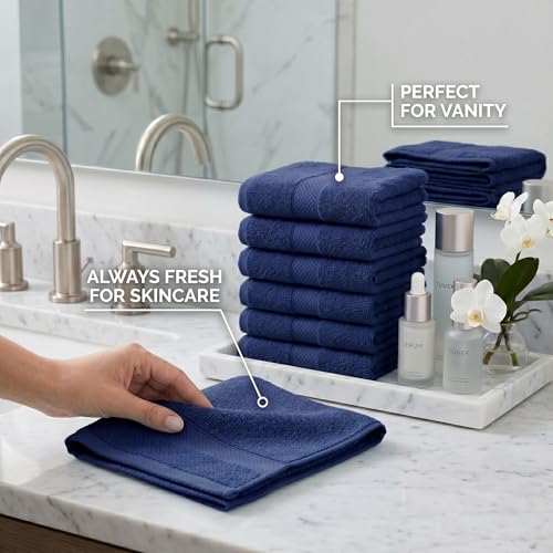 Sofea 100% Cotton Washcloths Set of 12, (12 x 12 Inch) 520 GSM Wash Cloths, Extra Soft Absorbent Quick Dry Face Towels - color: Navy Blue