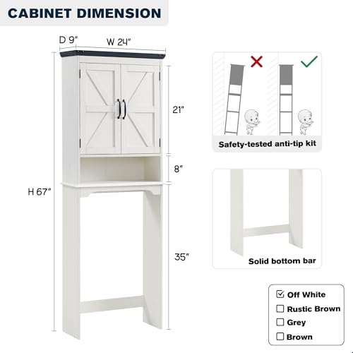 67" Farmhouse Over The Toilet Storage Bathroom Cabinet, Off White | Double Barn Doors, Adjustable Shelf, Open Cubby, Weathered Finish - color: Off White