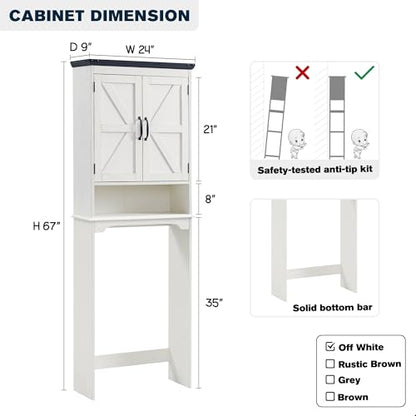 67" Farmhouse Over The Toilet Storage Bathroom Cabinet, Off White | Double Barn Doors, Adjustable Shelf, Open Cubby, Weathered Finish - color: Off White